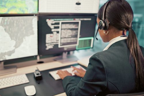Headset, back or woman with screen for maps for news, research or ecology in call center. Data, che.
